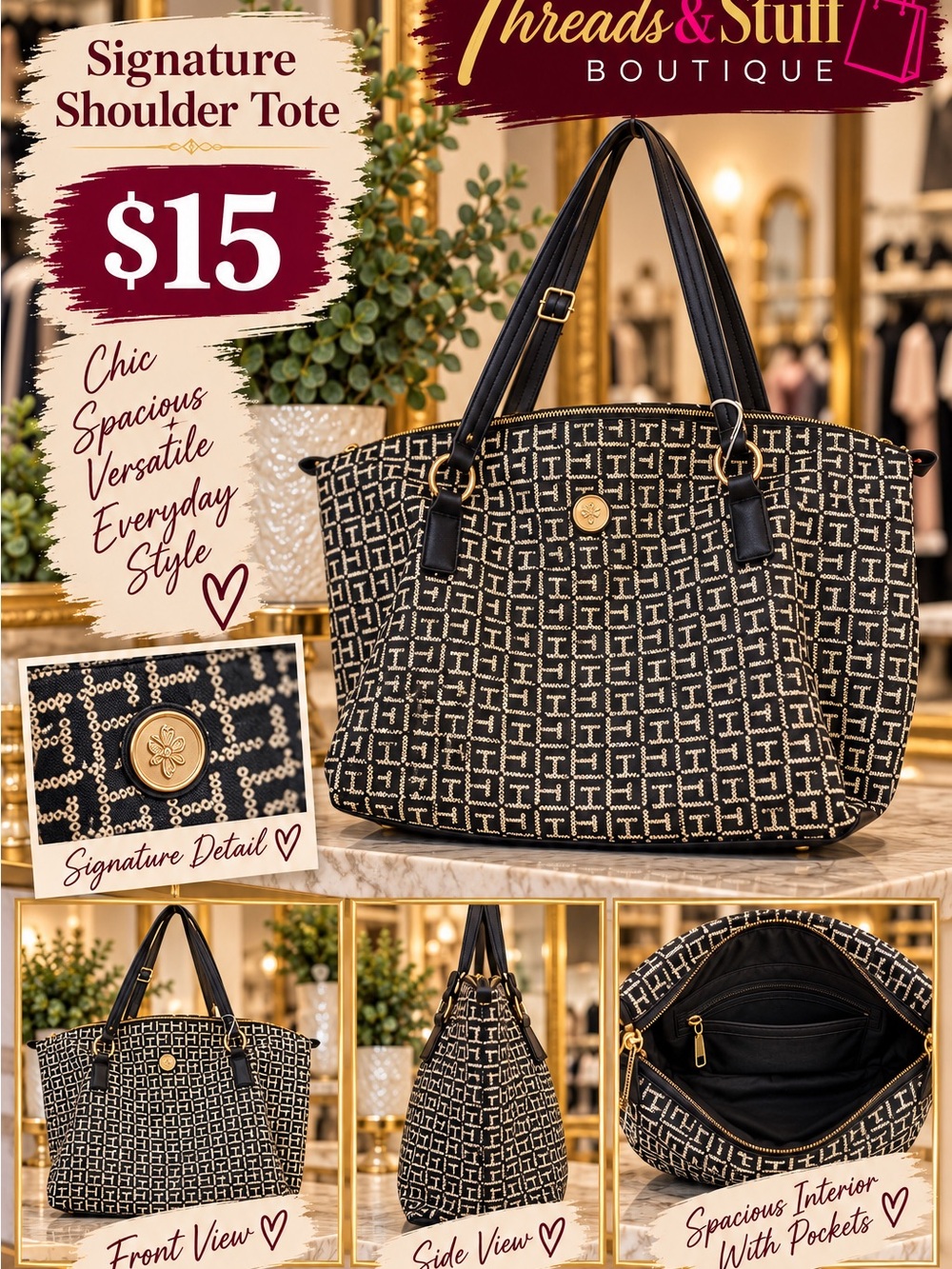 Signature Shoulder Tote in Black and Cream
